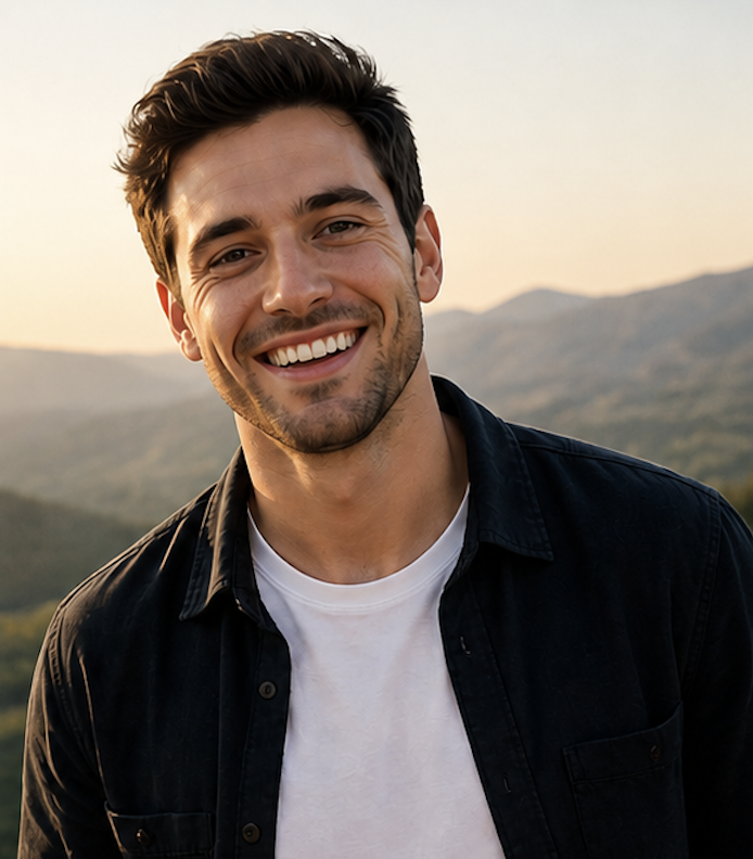 After Profile Maxed: confident smile, golden-hour lighting, outdoor setting