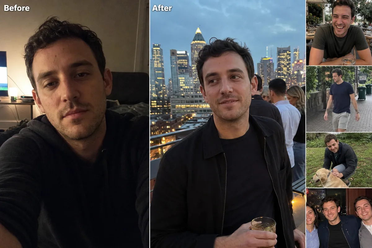Before-and-after of the same man: a tired indoor selfie alongside an AI-generated rooftop portrait at dusk, with four extra candid photos on the right showing café, park, dog, and friends shots — none of which look AI-generated